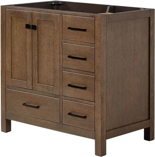 Vista 5 de ARIEL Cambridge Mueble base de tocador de baño de 36 pulgadas, madera maciza, 2 puertas de cierre suave, 5 cajones de cola de milano, roble marrón