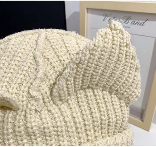 Vista 4 de Gorro con orejas de gato, lindo gorro de punto con diseño de calavera, cálido y holgado