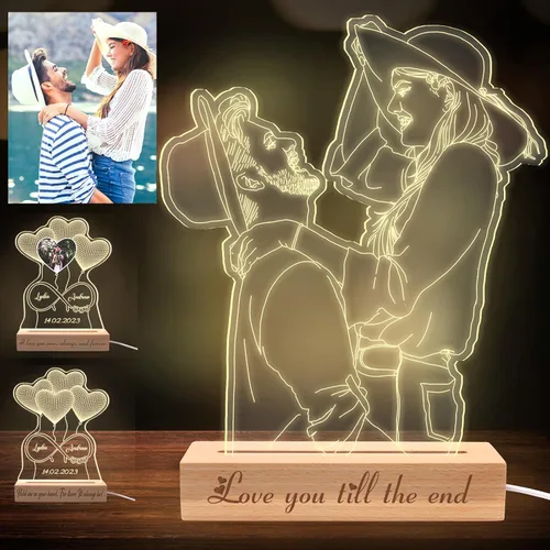 Vista 4 de Aolun Lámpara de noche personalizada con nombre, luz acrílica personalizada para parejas, letrero de texto de corazón con base para su novia Solo