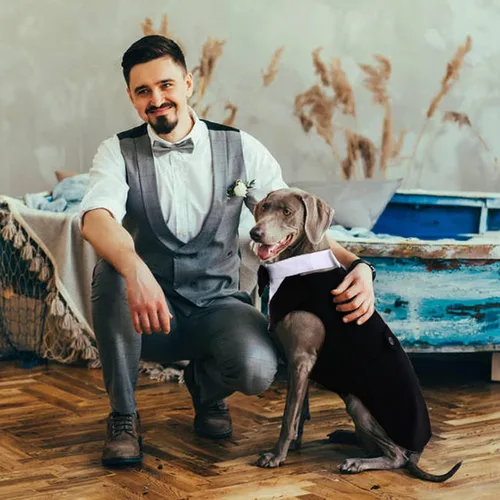 Vista 8 de DORA BRIDAL Esmoquin para perros pequeños, traje de perro y corbatín, traje formal de boda para perros, conjunto de esmoquin y bandana para Negro