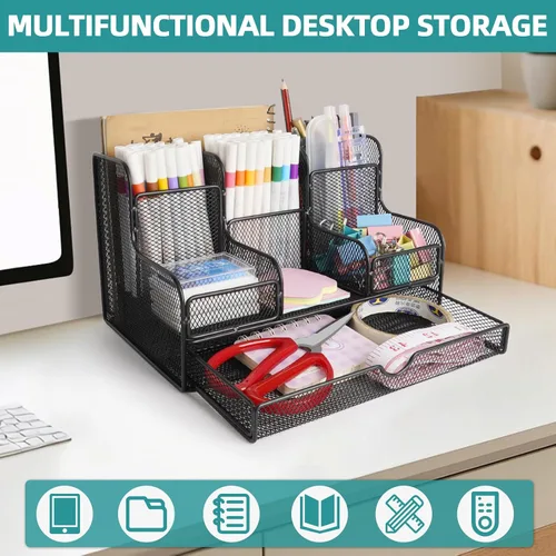Vista 4 de Organizador de Escritorio de Malla Negra Caddy y Accesorios con 7 Compartimentos, Accesorios de Escritorio Multifuncionales de Malla Organizadores