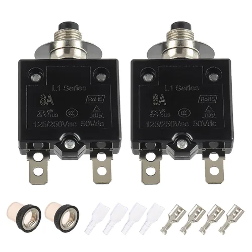 Vista 8 de Disyuntor de botón de reinicio manual 8A, 125/250 V CA, 50 V, CC, protector de sobrecarga térmica con terminales de conexión rápida y tapas de botón