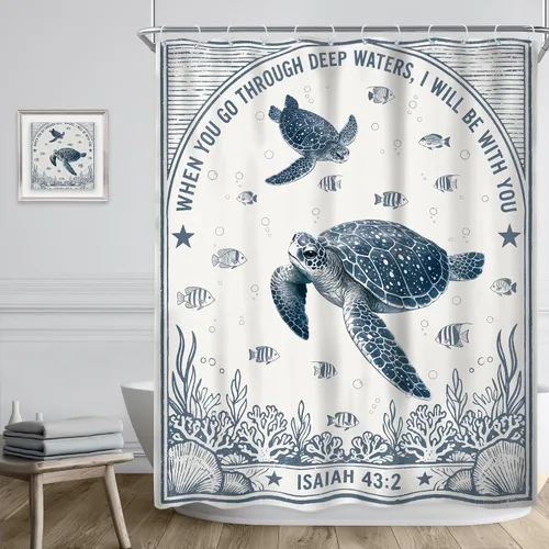 Vista 3 de Riyidecor Ocean Turtle Bible Verse Rustic Navy Bathroom Shower Curtain Set