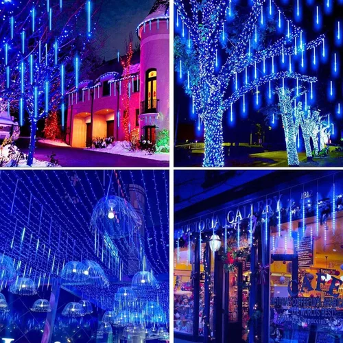 Vista 8 de YEGUO Paquete de 2 tiras de luces solares para exteriores, 16 tubos y 288 luces LED de meteoritos para fiestas, árboles, vacaciones, techo, boda