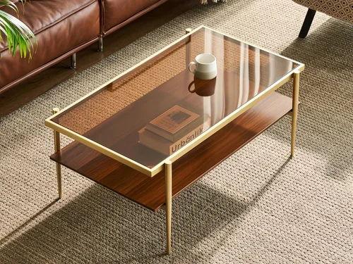 Vista 20 de Shrine - Mesa de café rectangular, diseño moderno de mediados de siglo, estructura de 2 niveles, parte superior de vidrio ámbar y estante de MDF
