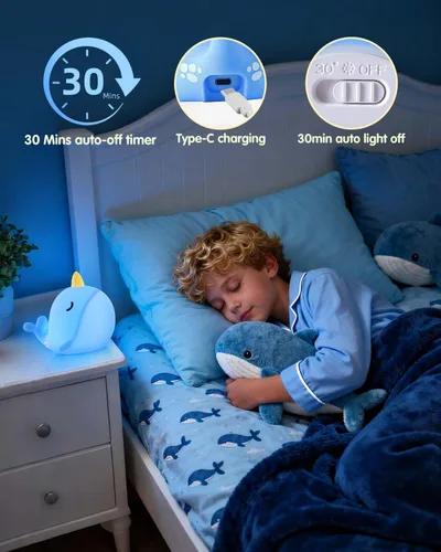 Vista 3 de Fuloon Narwhal - Luz nocturna con forma de ballena, lámpara de silicona blanda para niños, control táctil seguro y relajante para niños y bebés