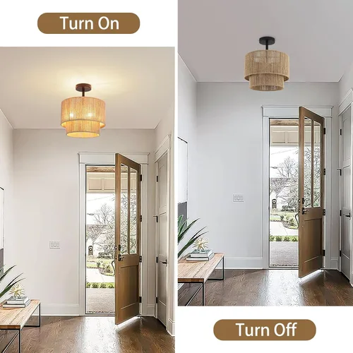 Vista 5 de 12.6" Boho Light Fixtures Ceiling Mount, Coastal Hemp Rope Semi Flush Mount Ceiling Light,3-Light Rustic Rattan Ceiling Light With 2-Tier Drum Shade