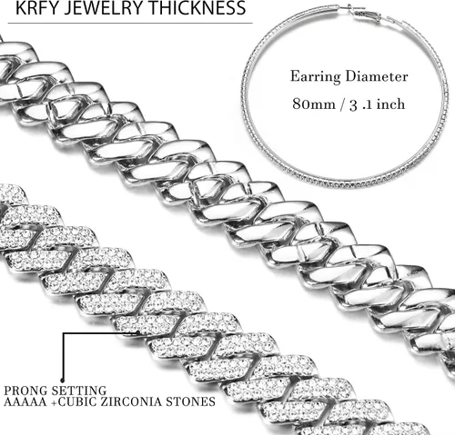 Vista 2 de Krfy Cuban Link Chain Necklace Bracelet Rhinestone Hoop Earrings Set Bling Necklace Bracelet Crystal Big Circle Earrings for Women Girls
