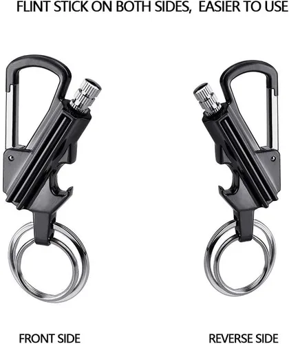 Vista 8 de YUSUD Paquete de 2 llaveros para abrebotellas para hombres, partido permanente con iniciador de fuego de pedernal de doble cara, fósforo impermeable