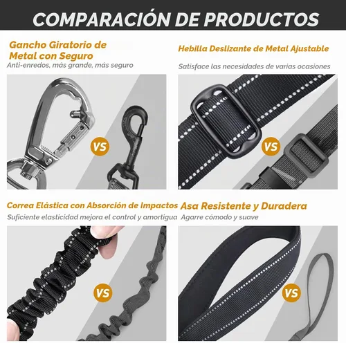 Vista 5 de AUBELL Correa táctica para perro resistente, correa elástica sin tirones de Negro