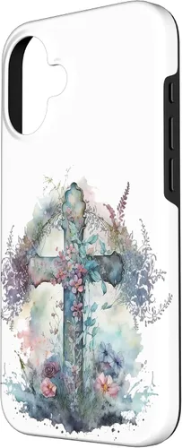 Vista 2 de Funda para iPhone 16 con cruz cristiana con flores de fe religiosa