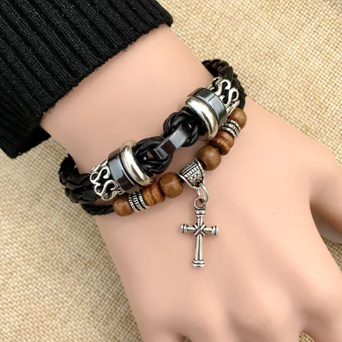 Vista 13 de Suyi brazalete ajustable con varias capas, de cuero tejido trenzado con cruz. Pulsera tipo esclava.