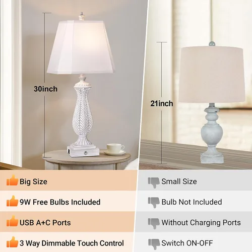 Vista 4 de Juego de 2 lámparas de mesa regulables de 3 vías para dormitorio, lámparas táctiles de 30 pulgadas de alto para sala de estar con puertos USB y tipo