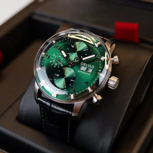 Vista 7 de OBLVLO IM-MUT - Reloj de pulsera para hombre, multifuncional, automático, luminoso, correa de cuero, mecánico, impermeable, reloj de moda