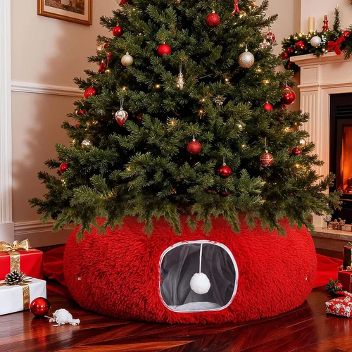 Vista 22 de Túnel de árbol de Navidad para gatos de 36 pulgadas, cama de dona, blanco