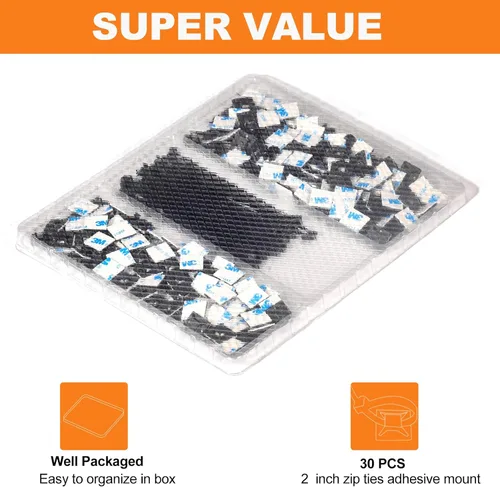 Vista 2 de Paquete de 30 unidades de bridas de 2 pulgadas con soporte adhesivo autoadhesivo, soportes de base para bridas de cable con clips de alambre