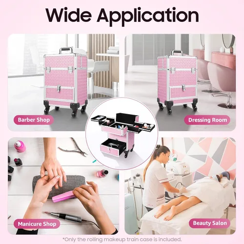 Vista 8 de Estuche de maquillaje con ruedas y mango telescópico, cajón con cerradura, estuche de maquillaje rodante, organizador de cosméticos, para estilista