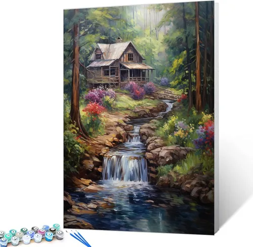 Vista 26 de Tucocoo Pintura de cabaña forestal por números para adultos, kits de pintura al óleo digital sobre lienzo con pinceles y pigmento acrílico, rueda