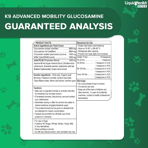 Vista 6 de LIQUIDHEALTH Pets K9 Advanced Mobility Nivel de glucosamina líquida 5000 para perros grandes con condroitina, MSM, Boswellia Serrata – Vitaminas