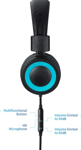 Vista 5 de POWMEE M3 - Auriculares para niños con micrófono, ligeros, plegables, ajustables, estéreo, con graves con cable de 4.3 ft sin enredos para Negro