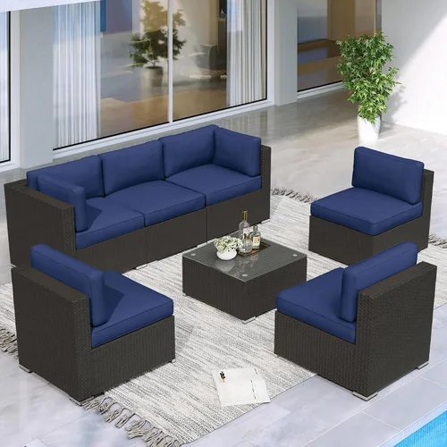 Vista 12 de Betterland Juego de muebles de patio de sofá seccional de 7 piezas, para todo tipo de clima, mimbre de ratán de polietileno con cojín lavable, mesa