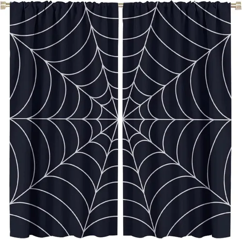Vista 103 de Cortinas opacas de tela de araña aterradora para niños, tela de araña en blanco y negro, fondo rojo, dormitorio de niños, guardería, decoración
