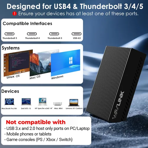 Vista 5 de WAVLINK Adaptador Ethernet USB4 a 10Gbps compatible con Thunderbolt 3/4/5 y Negro