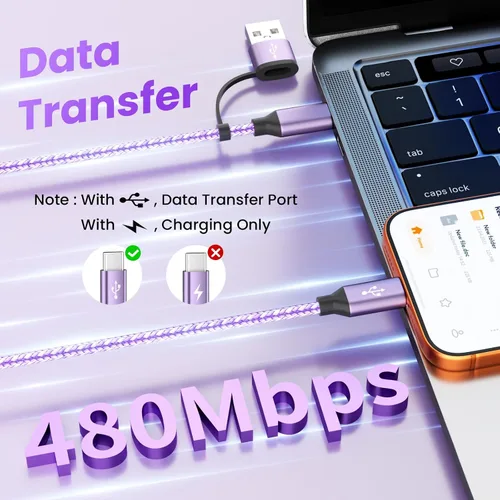 Vista 5 de Cable de carga múltiple 4 en 2, cable USB C a USB C con 4 X tipo C, cable de carga de teléfono de viaje para iPhone 17/16/15, Galaxy, Android