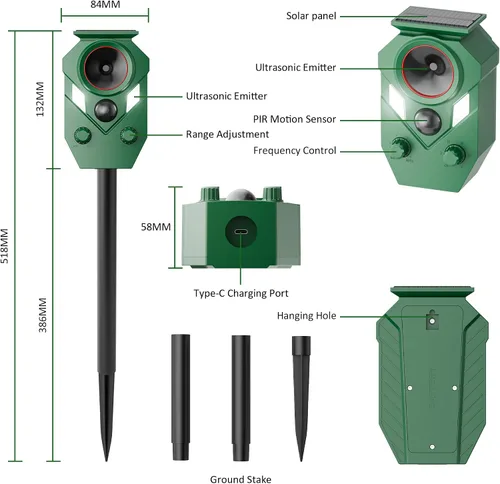 Vista 2 de Paquete de 2 repelentes ultrasónicos de animales con energía solar, ardilla de ciervo impermeable para exteriores con sensor de luz estroboscópica