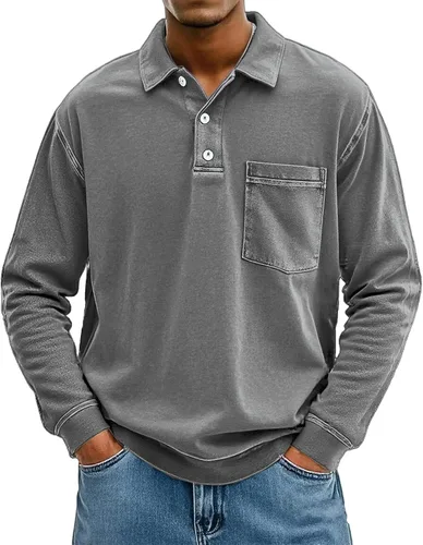 Vista 4 de Polo de manga larga para hombre, con solapa, casual, a la moda, vintage, ligero, para exteriores, negocios, golf, gimnasio, camisetas