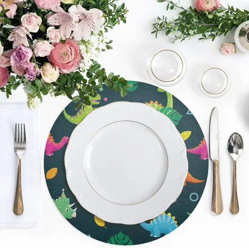 Vista 5 de Colorful Cartoon Dinosaurs Playful Teal Dinner Table Placemats, Non Slip Placemats Set Washable for Kitchen Table one sizex1