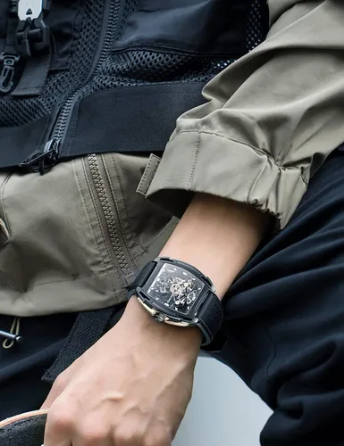 Vista 2 de CIGADesign - Reloj esqueleto automático mecánico, de acero inoxidable, replica de Tonneau, casual, de pulsera, impermeable, cristal de zafiro