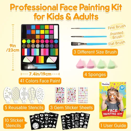 Vista 2 de Mocoosy - Kit de pintura facial de 41 colores para niños, paleta de pintura facial no tóxica activada por agua con plantillas, pinceles, gema, kit
