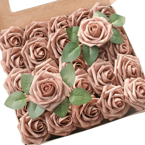 Vista 58 de Floroom Flores artificiales, 25 piezas de rosas falsas de espuma dorada antigua de aspecto real con tallos para ramos de boda DIY, centros de mesa