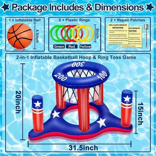 Vista 2 de Juguetes de piscina con la bandera estadounidense para adolescentes y adultos, 250 aniversario, aro de baloncesto flotante 2 en 1, juego