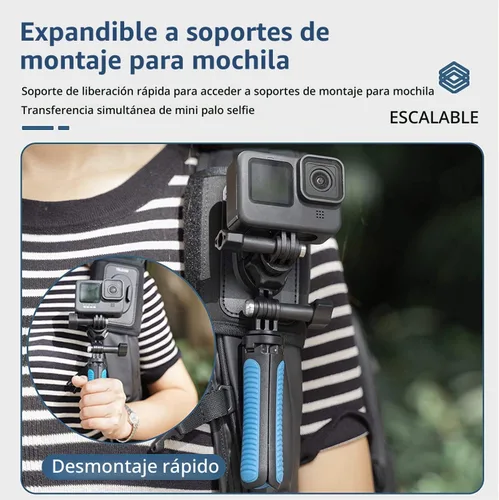 Vista 6 de TELESIN Soporte de mochila de 360° con adaptador de trípode de liberación rápida, correa para el hombro, clip para cinturón, soporte de senderismo