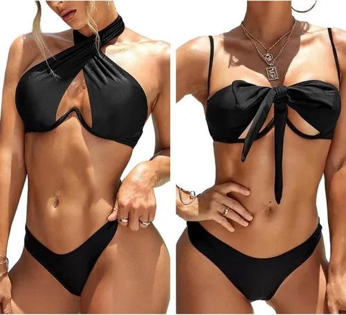 Vista 6 de Lilosy Sexy lindo con aros recortados halter bikini traje de baño conjunto mujeres Criss Cross traje de baño 2 piezas