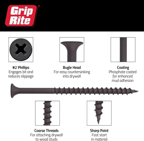 Vista 3 de Grip-Rite 2CDWS5#6 X 2 "Phillips Bugle Head - Tornillo para paneles de yeso de punta afilada, caja de 5 libras
