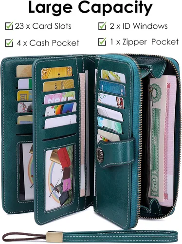 Vista 3 de KELEEL Carteras para mujer, de piel sintética, con bloqueo RFID, gran capacidad, tarjetero para mujer, cartera con pulsera, Marrón clásico, Classic
