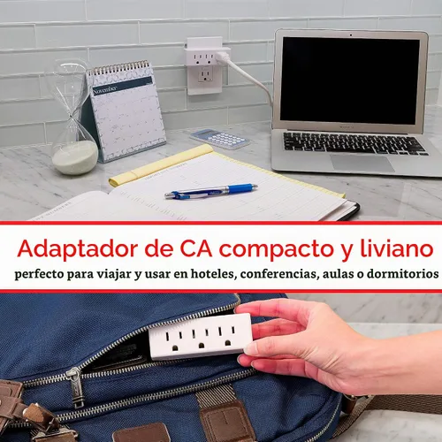 Vista 4 de GE Extensor de Pared de 3 Enchufes, Adaptador con Conexión a Tierra, Para Uso Interior, 3 Clavijas, Perfecto para Viajes, Certificado UL, Blanco