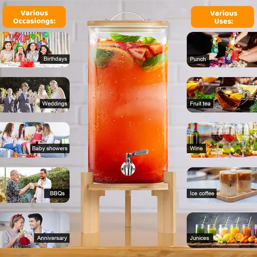 Vista 7 de Dispensador de bebidas de 2.9 galones, dispensador de bebidas de vidrio con soporte, dispensadores de bebidas para fiestas, dispensador de bebidas