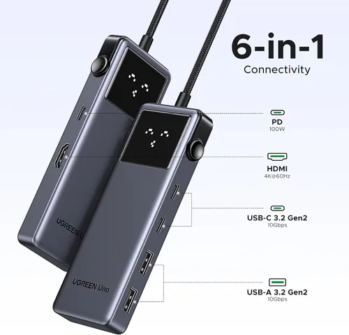 Vista 2 de UGREEN Uno Hub USB-C 6 en 1 con puertos de datos USB-C y USB-A de 10 Gbps 4K a 60 Hz HDMI para MacBook Neo/Pro/Air, iPad Pro, Surface, XPS, Thinkpad