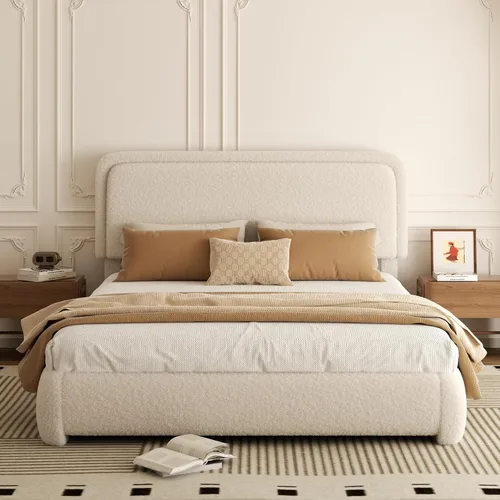 Vista 3 de Base de cama tamaño Queen, marco de cama de terciopelo Teddy Boucle con cabecera tapizada ajustable de 43.3"/45.3", esquinas redondeadas, base