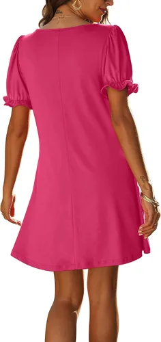 Vista 3 de Aloodor Vestido casual de manga corta con cuello en V y bolsillos para mujer