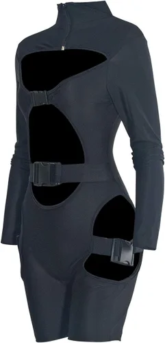 Vista 3 de VWIWV Mono de manga larga para mujer, con hebilla, sexy, ahuecado, pantalones cortos