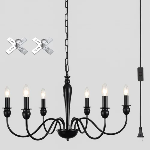 Vista 12 de ETONIMERR Lámpara colgante enchufable negra con luz larga de granja, lámpara colgante enchufable de 5 luces para comedor, lámpara de araña rústica