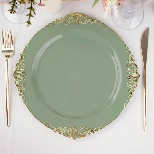 Vista 22 de Paquete de 10 platos redondos de plástico barroco dorado de 8 pulgadas para ensalada de postre, vajilla desechable con borde dorado en relieve