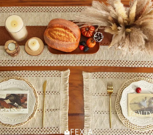 Vista 6 de FEXIA Juego de 6 manteles individuales bohemios, decoración de mesa de macramé y manteles individuales estilo casa de campo de arpillera de algodón