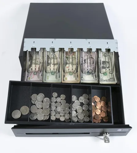 Vista 5 de NRS POS Cajón de caja registradora, cajón de metal resistente para pequeñas empresas con bandeja extraíble, automático o bloqueo de llave (negro)