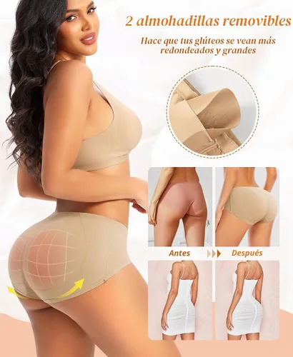 Vista 3 de DERCA Bragas con levantamiento de glúteos, ropa interior acolchada para mujer, sin costuras, para realzar los glúteos 2-Beige